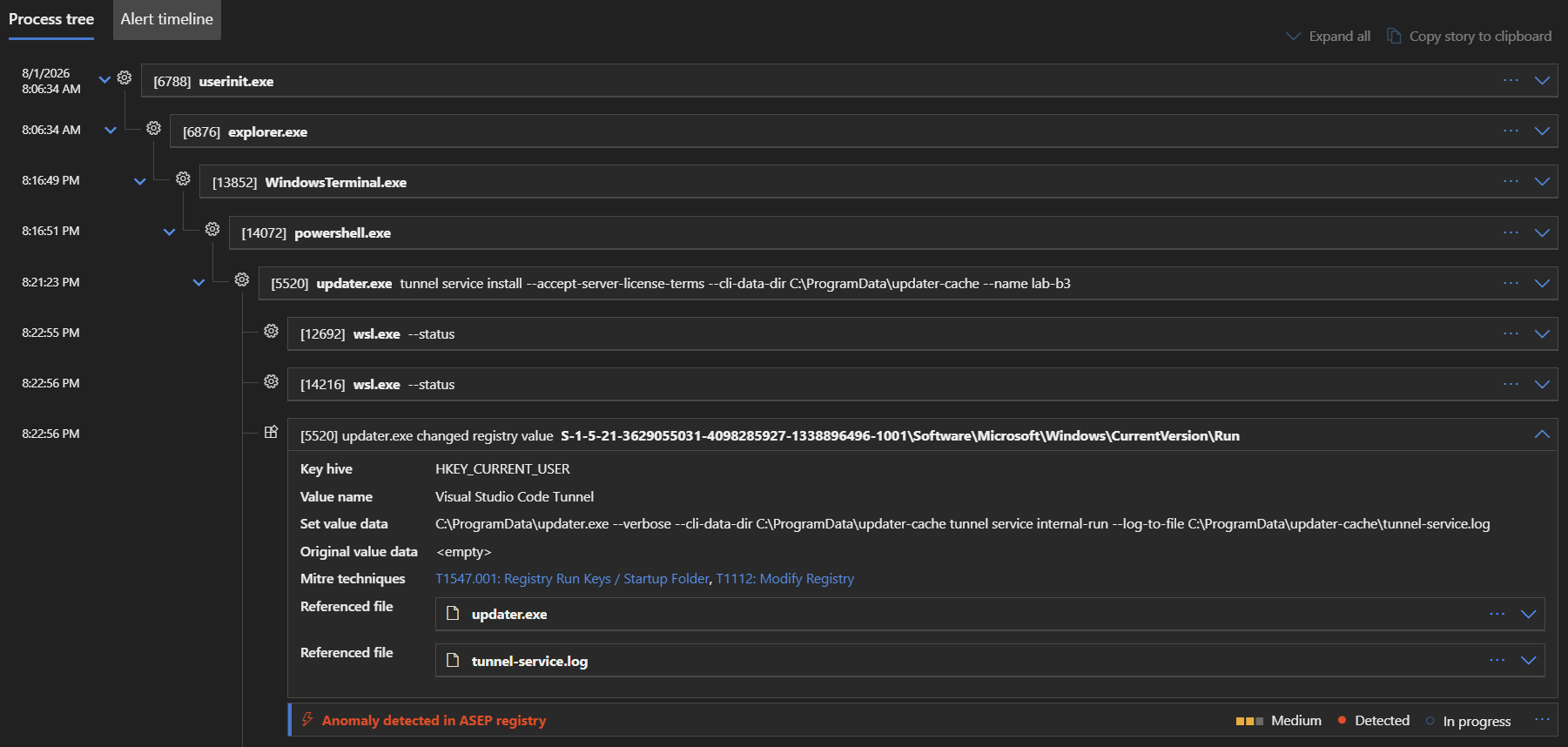 Defender surfaces the native Run key as a persistence alert