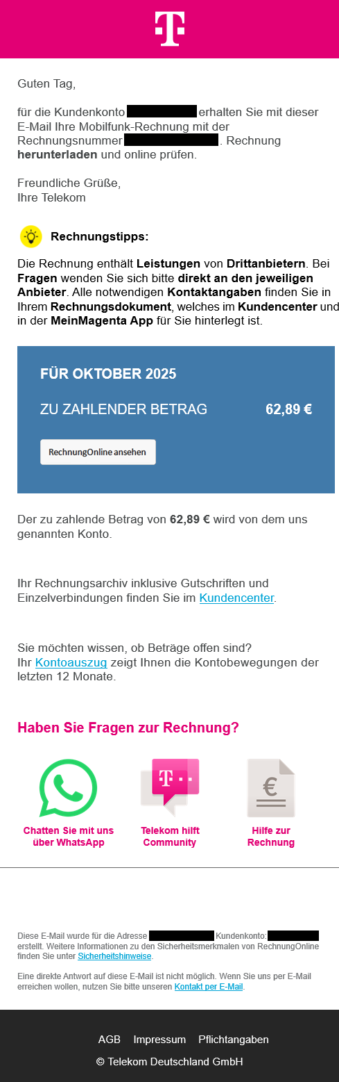 Phishing email with Telekom invoice lure