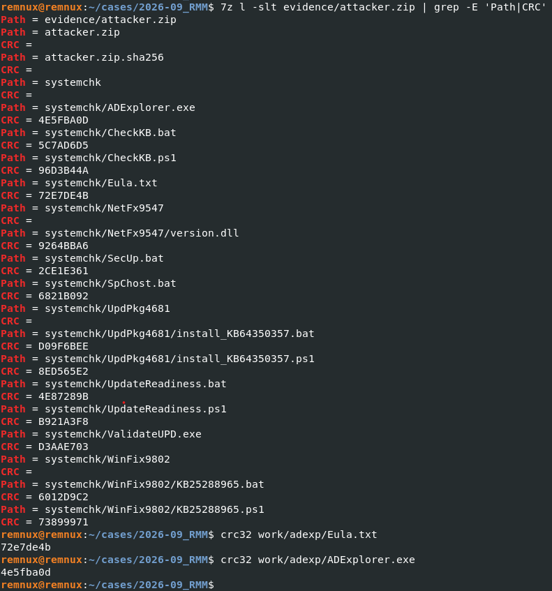 CRC32 match between encrypted archive and official Sysinternals download, confirming unmodified binaries and enabling known-plaintext attack