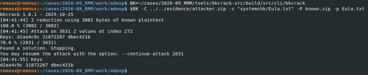 bkcrack recovering the three internal ZipCrypto encryption keys in 12 seconds