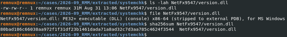version.dll file properties showing 31 MB PE32+ DLL — several times larger than a legitimate Windows version DLL