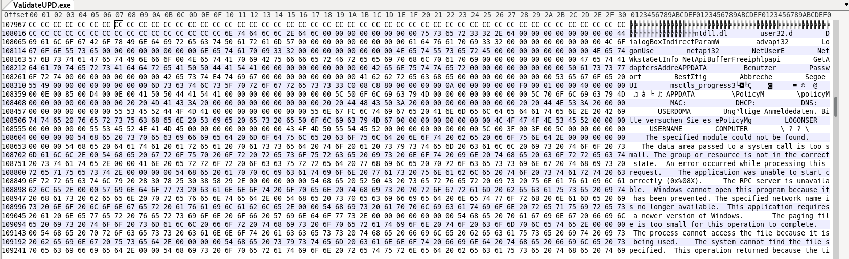 Embedded German UI strings in ValidateUPD.exe: login dialog labels, PolicyMgr output path, and invalid-credentials error message